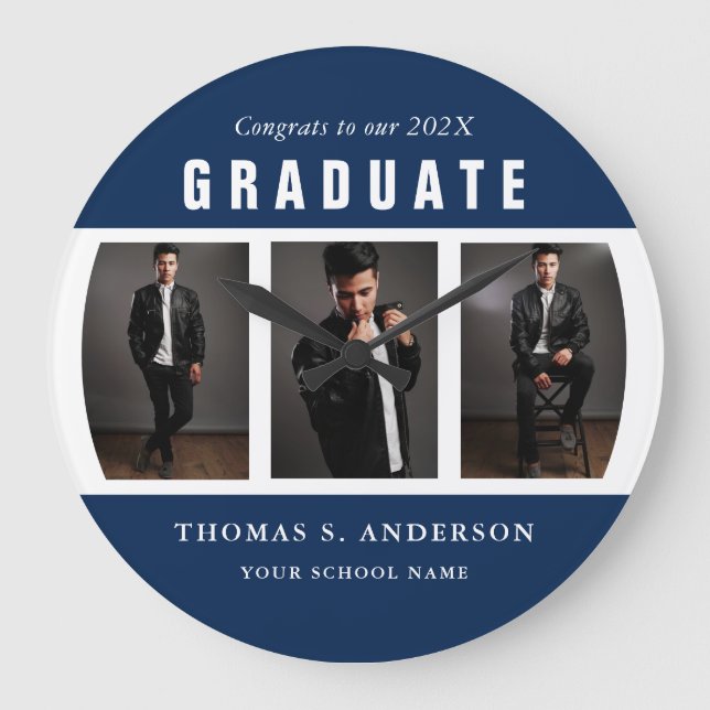 Graduation Photo Collage Blue and White Custom Large Clock (Front)