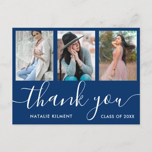 Graduation Photo Collage Blue Thank You Postcard