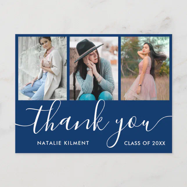 Graduation Photo Collage Blue Thank You Postcard | Zazzle