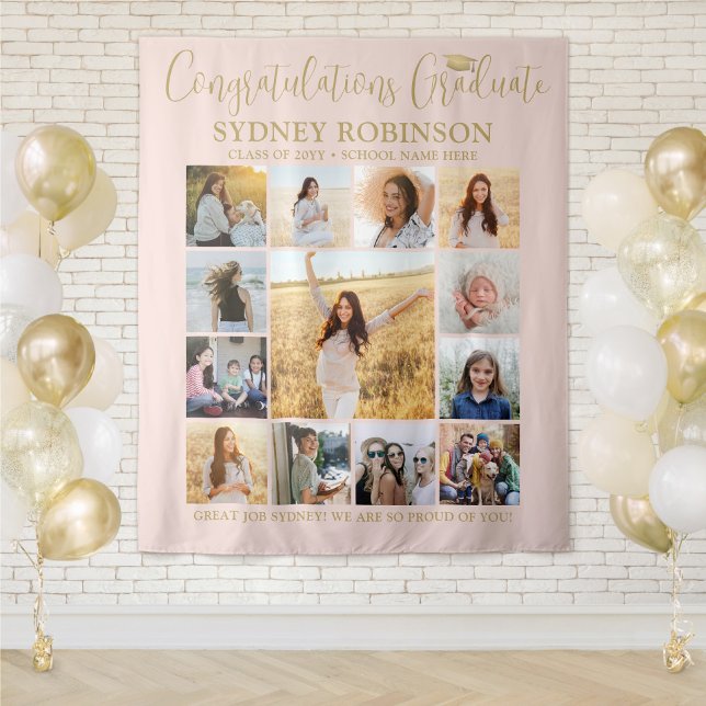 Graduation Photo Collage Blush Pink Gold Backdrop (Creator Uploaded)