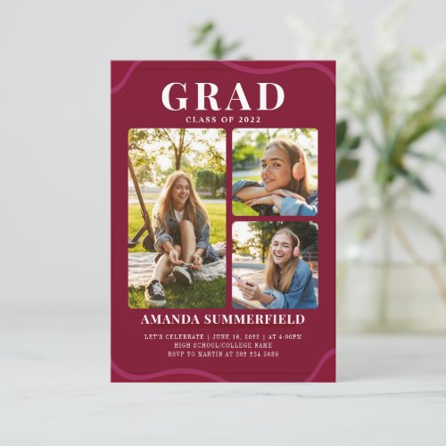 Graduation Photo Collage Burgundy Grad 2022 Party Invitation