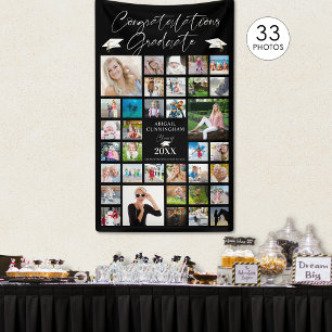 Graduation Photo Collage Chic Script Black Banner