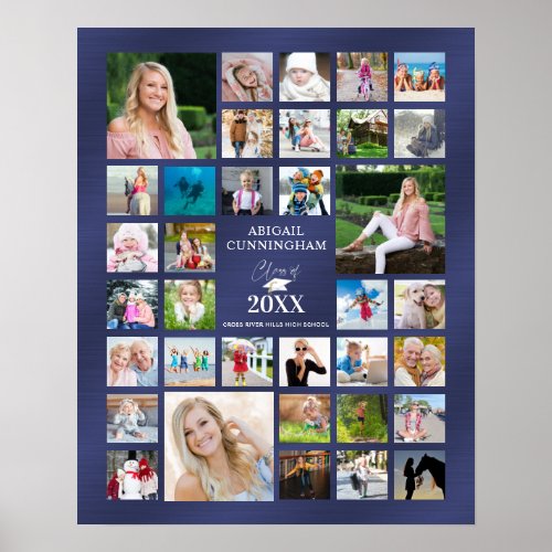 Graduation Photo Collage CLASS OF Navy Blue Poster