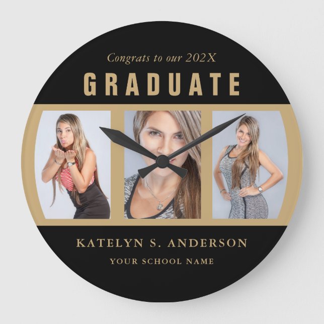 Graduation Photo Collage Congratulations Black and Large Clock (Front)