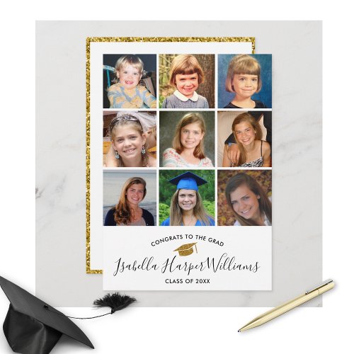 Graduation Photo Collage Gold Glitter Grad Party Invitation