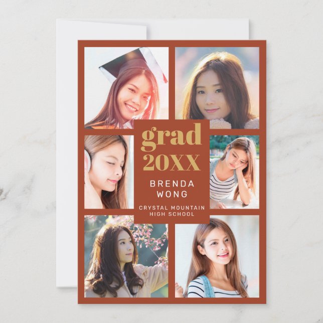 Graduation Photo Collage Gold White Script Orange Announcement (Front)