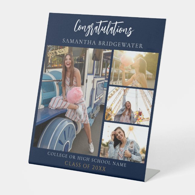 Graduation Photo Collage Navy Blue 2025 Pedestal Sign (Front)