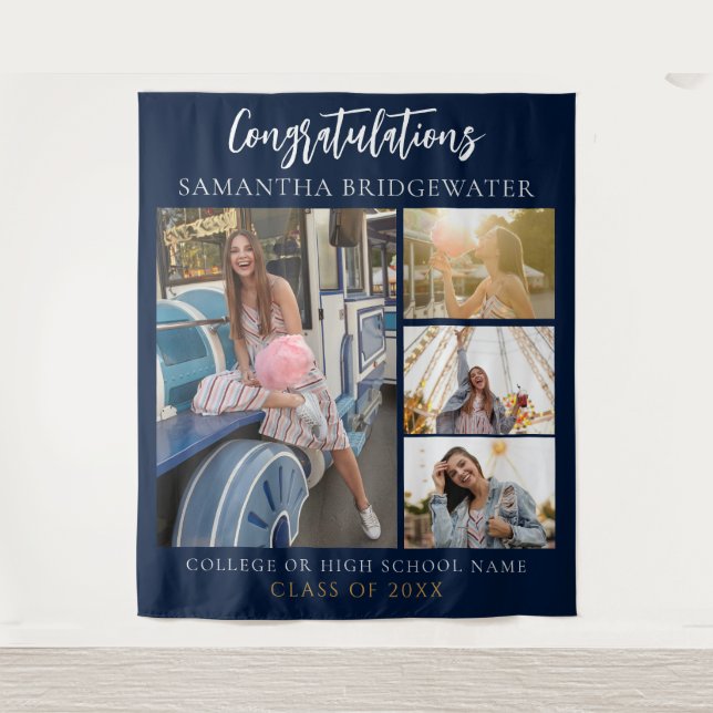 Graduation Photo Collage Navy Blue 2026 Backdrop (Front)