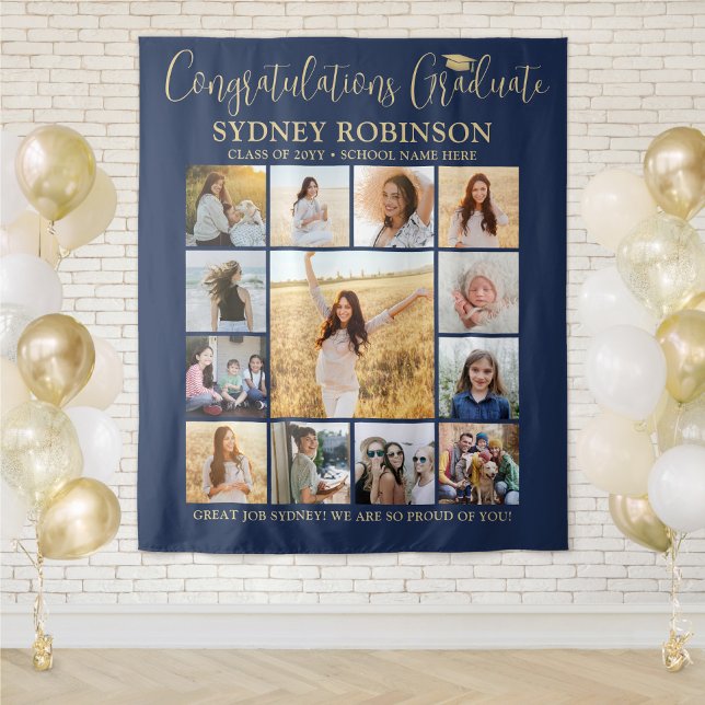 Graduation Photo Collage Navy Blue & Gold Backdrop (Creator Uploaded)