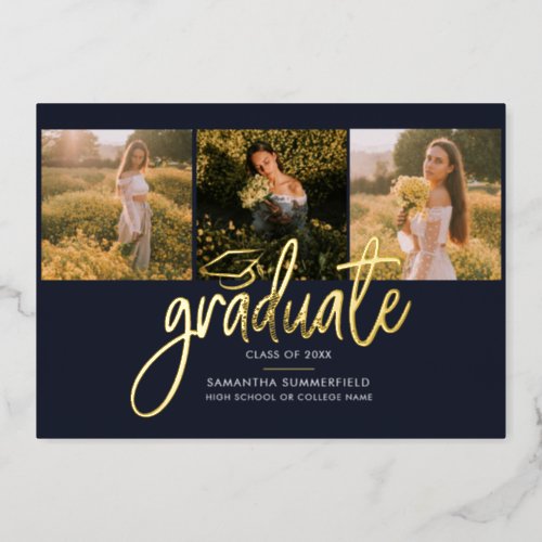 Graduation Photo Collage Navy Blue Gold Foil Invitation