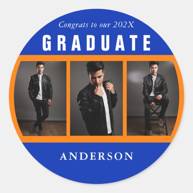 Graduation Photo Collage Orange and Blue Custom Classic Round Sticker (Front)
