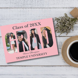 Graduation Photo Collage Pink Gray Trendy Modern Invitation
