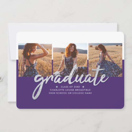 Graduation Photo Collage Purple Silver Script Announcement