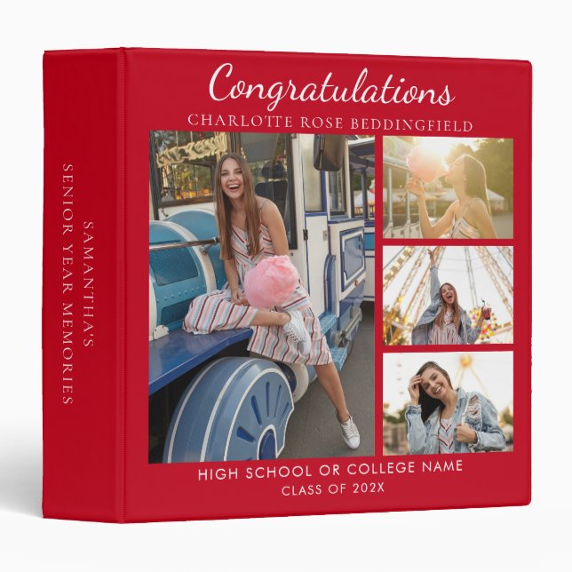 Graduation Photo Collage Red Grad Keepsake 3 Ring Binder (Front/Spine)
