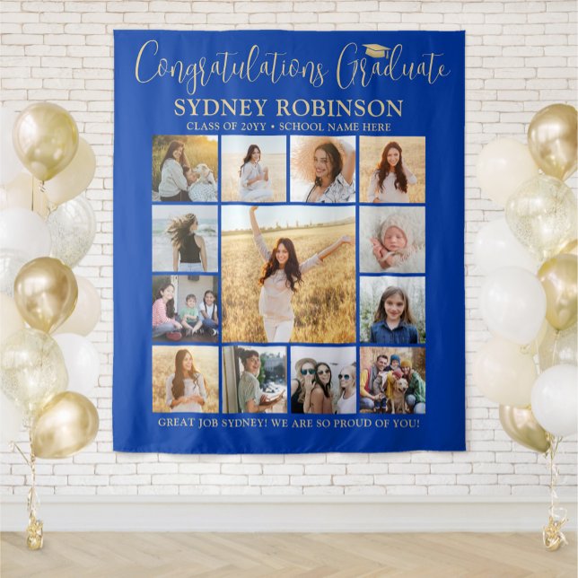Graduation Photo Collage Royal Blue Gold Backdrop (Creator Uploaded)