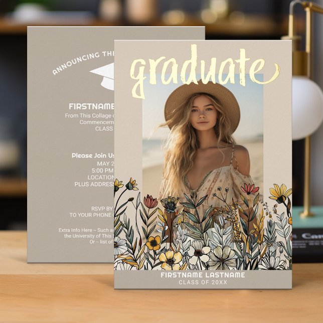 Graduation Photo Colorful Flowers - Grad Party Foil Invitation (Graduation Invitation)