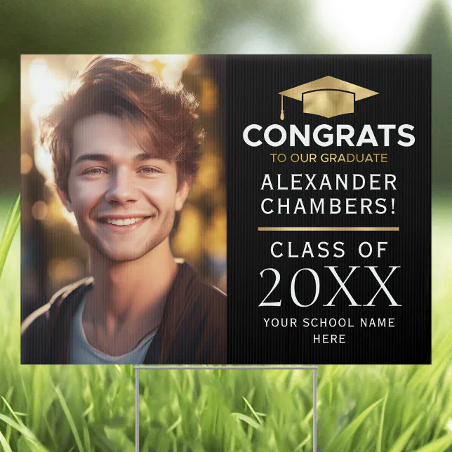 Graduation Photo Congrats Black Gold Yard Sign | Zazzle