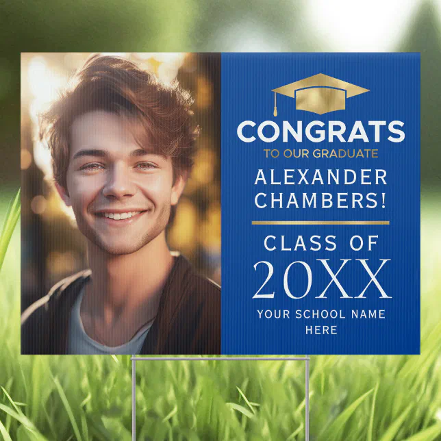 Graduation Photo Congrats Blue Gold Yard Sign | Zazzle