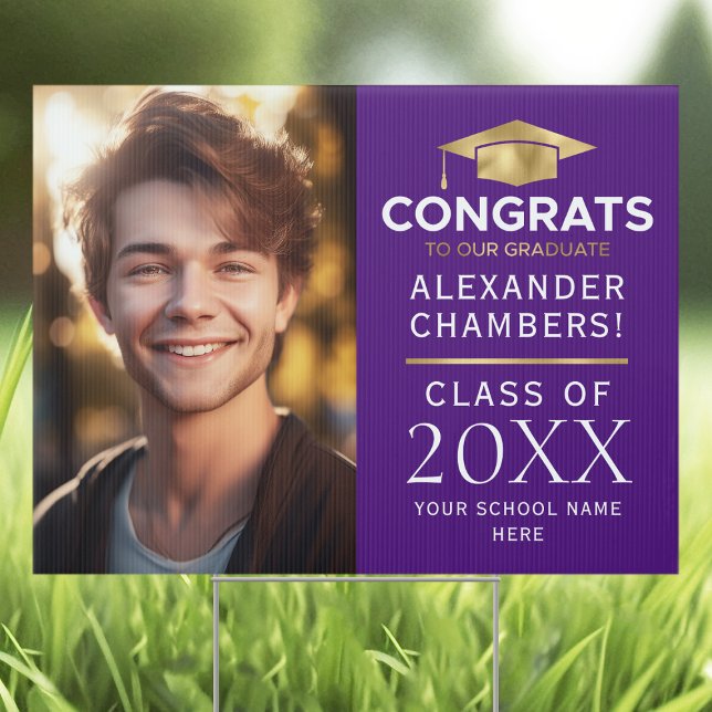 Graduation Photo Congrats Purple Gold Yard Sign (Creator Uploaded)