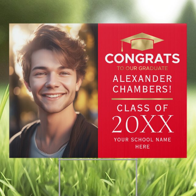 Graduation Photo Congrats Red Gold Yard Sign (Creator Uploaded)