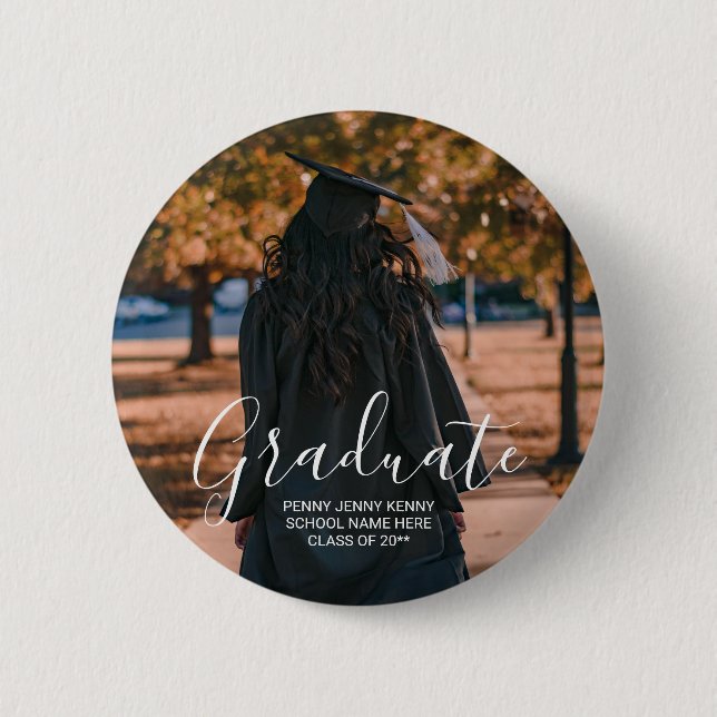 Graduation photo custom modern stylish script  button (Front)