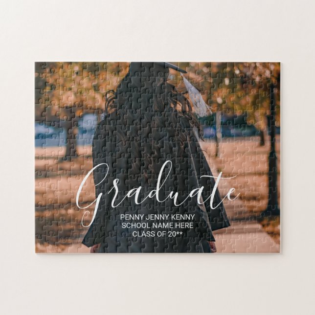 Graduation photo custom modern stylish script  jigsaw puzzle (Horizontal)