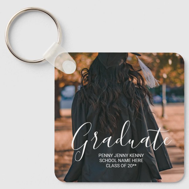 Graduation photo custom modern stylish script  keychain (Front)