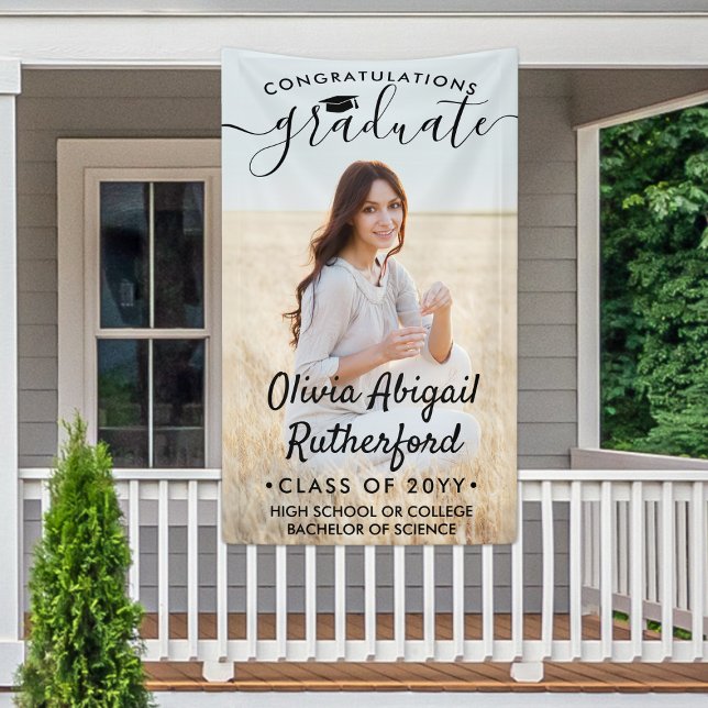 Graduation Photo & Elegant Black Script Class Year Banner (Creator Uploaded)