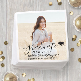 Graduation Photo & Elegant Black Script Class Year Napkins