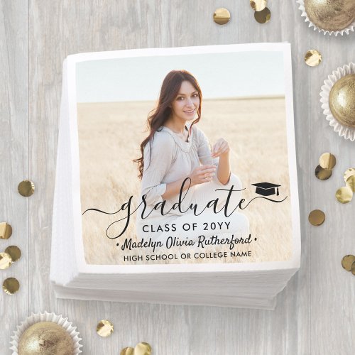 Graduation Photo  Elegant Black Script Class Year Napkins