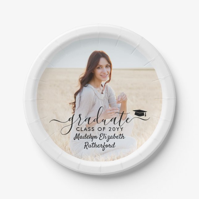 Graduation Photo & Elegant Black Script Class Year Paper Plates (Front)