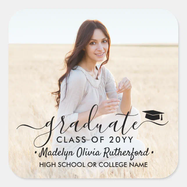 Graduation Photo & Elegant Black Script Class Year Square Sticker | Zazzle