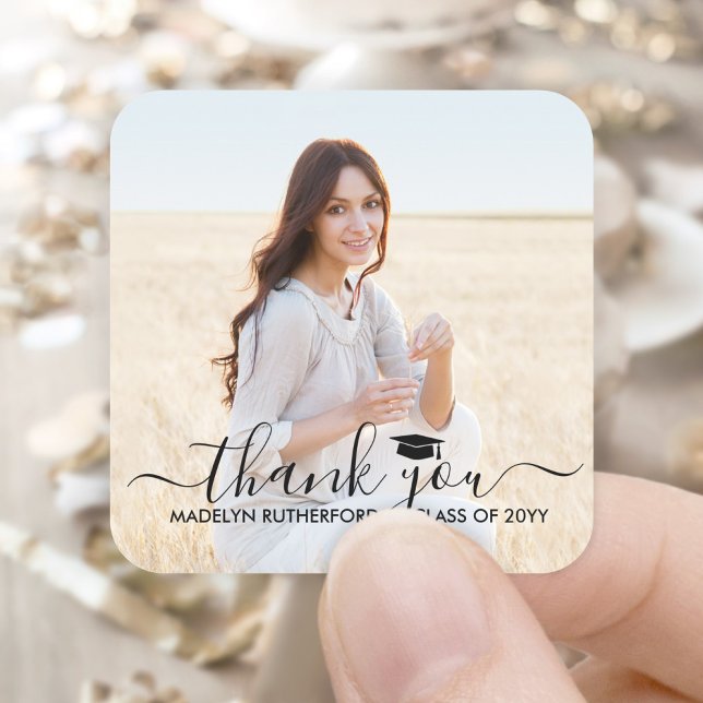 Graduation Photo & Elegant Black Script Thank You Square Sticker (Creator Uploaded)