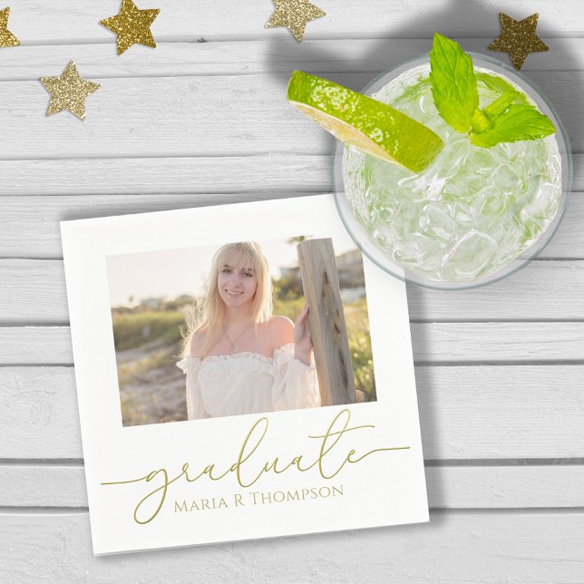 Graduation Photo Elegant Gold Minimalist Script Napkins (Creator Uploaded)