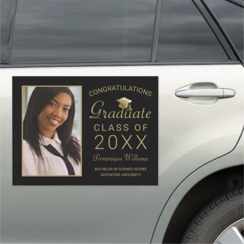 Graduation Photo Elegant Gold Script on Black Car Magnet