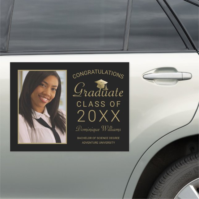 Graduation Photo Elegant Gold Script on Black Car Magnet (In Situ)
