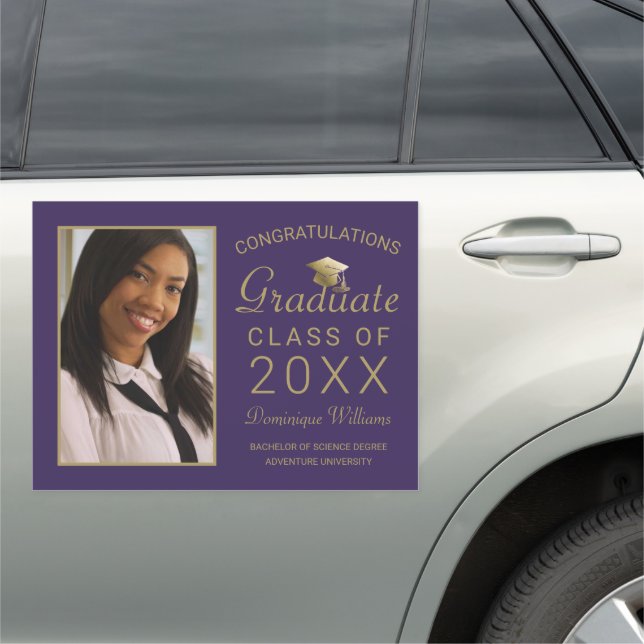 Graduation Photo Elegant Gold Script on Purple Car Magnet (In Situ)
