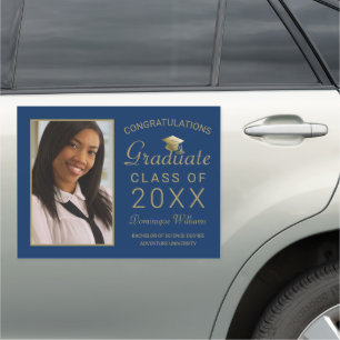 Graduation Photo Elegant Gold Script on Royal Blue Car Magnet