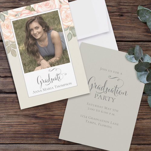 Graduation Photo Elegant Minimalist Floral Sage Invitation