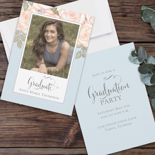 Graduation Photo Elegant Minimalist Script Blue Invitation