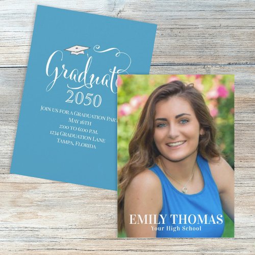 Graduation Photo Elegant Minimalist Script Blue Invitation