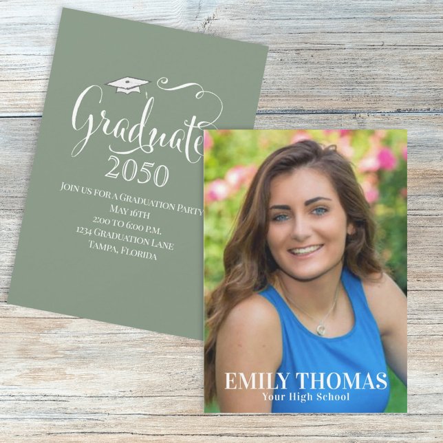 Graduation Photo Elegant Minimalist Script Sage Invitation (Creator Uploaded)
