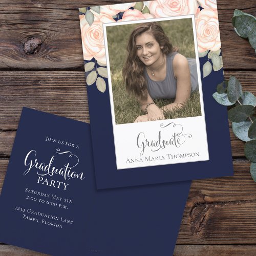 Graduation Photo Elegant Modern Floral Navy Blue  Postcard