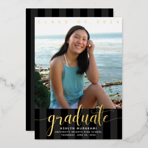 Graduation photo elegant script black real gold foil invitation