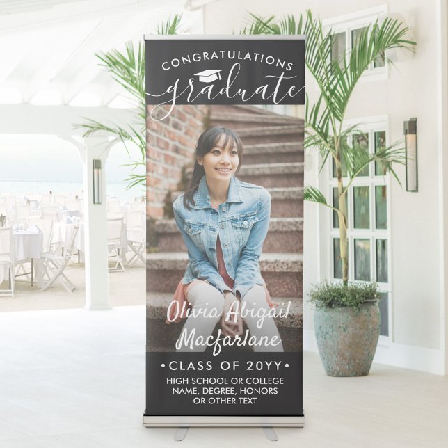 Graduation Photo & Elegant Script Black Vertical Retractable Banner (Creator Uploaded)