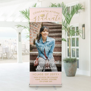 Graduation Photo Elegant Script Blush Pink & Gold Retractable Banner