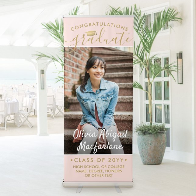 Graduation Photo Elegant Script Blush Pink & Gold Retractable Banner (Creator Uploaded)