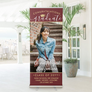 Graduation Photo Elegant Script Burgundy and Gold Retractable Banner