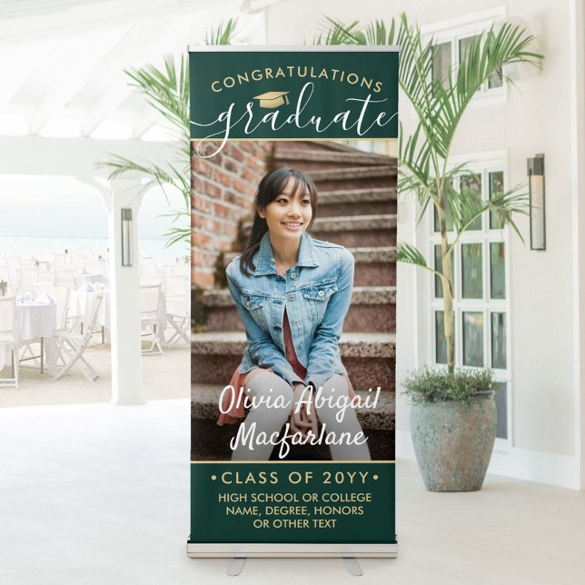 Graduation Photo Elegant Script Green and Gold Retractable Banner (Creator Uploaded)