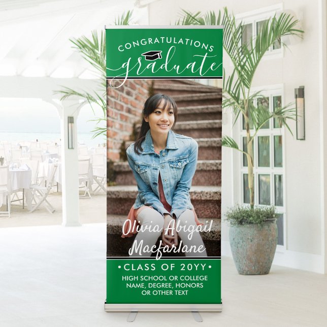 Graduation Photo Elegant Script Green Vertical Retractable Banner (Creator Uploaded)